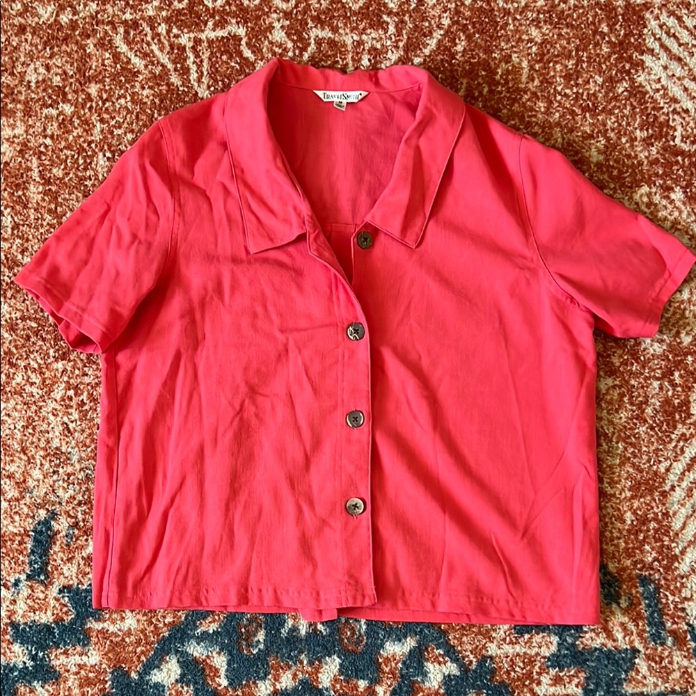 Coral Boxy Linen-Blend Button Down Shirt